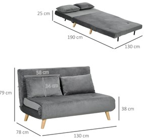 HOMCOM Καναπές-Κρεβάτι Relax Καναπές Καναπές, με 2 Μαξιλάρια, Όψη Βελούδου, 130 x 78 x 79 cm, Γκρι