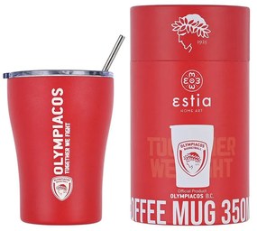 Estia 00-13264 Coffee Mug Olympiacos B.C. Ποτήρι Θερμός με Καλαμάκι Κόκκινο 350ml