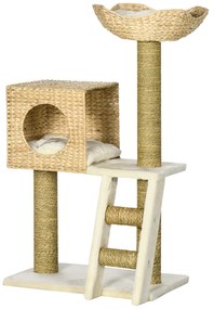 PawHut Δέντρο για γάτες με σπίτι, στύλοι ξυσίματος από σιζάλ, πλενόμενα μαξιλάρια, 100,5H x 57L x 37B cm, Λευκό/Φυσικό
