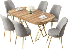 Dining Table &amp; Chairs Set (7 Pieces) Lai - Light Walnut, Gold, Grey Light Walnut
Gold
Grey