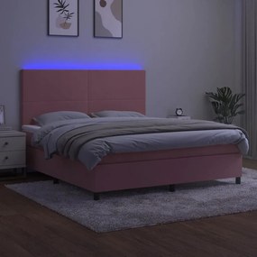 vidaXL Κρεβάτι Boxspring με Στρώμα &amp; LED Ροζ 160x200 εκ. Βελούδινο