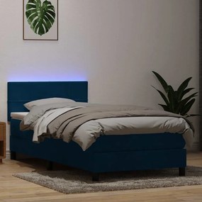 vidaXL Κρεβάτι Boxspring με Στρώμα &amp; LED Σκούρο Μπλε 80x220 εκ. Βελούδινο