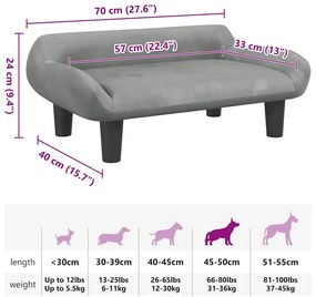 vidaXL Κρεβάτι Σκύλου Ανοιχτό Γκρι 70 x 40 x 24 εκ. Βελούδινο