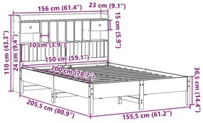 Κρεβάτι Βιβλιοθήκη Χωρίς Στρώμα 150x200 εκ Μασίφ Ξύλο Πεύκου - Καφέ