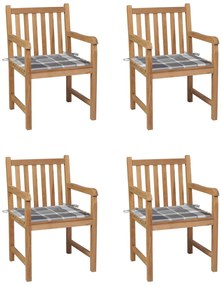 vidaXL Καρέκλες Κήπου 4 τεμ. Μασίφ Ξύλο Teak με Γκρι Καρό Μαξιλάρια