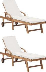 vidaXL Ξαπλώστρες Κρεμ από Μασίφ Ξύλο Teak με 2 τεμ. Μαξιλάρια