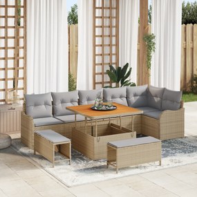 vidaXL σετ καναπέ 9 τμχ με μαξιλάρια Μπεζ Πολυ Ρατάν Ακακία