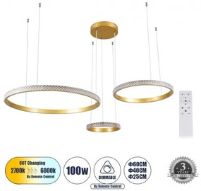 Κρεμαστό Φωτιστικό Οροφής LED Τρίφωτο 100W 12123lm DIAMOND ΤRIO Globostar 61143 Χρυσό