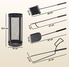 Σετ εργαλείων τζακιού, 5 τεμαχίων, σκούπα, φτυάρι, τανάλια, σκούπα και καλάθι, πυρίμαχο μέταλλο, Μαύρο