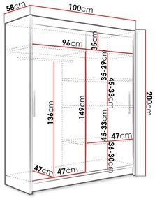 Ντουλάπα Atlanta 166, Μαύρο, Άσπρο, 200x100x58cm, 93 kg, Πόρτες ντουλάπας: Ολίσθηση, Αριθμός ραφιών: 4, Αριθμός ραφιών: 4 | Epipla1.gr