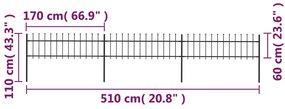 vidaXL Κάγκελα Περίφραξης με Λόγχες Μαύρα 5,1 x 0,6 μ. από Χάλυβα