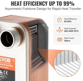 VEVOR 30 Plate Heat Exchanger 4*1-1/4&quot; MNPT Ports 5&quot;x 12&quot; Brazed 316L St. Steel