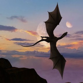 Εικονογράφηση Illustration of single horned dragon soaring, BWFolsom