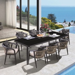 JARDIN Τραπεζαρία ALU Ανθρακί, HPL Μαύρο, Rope Μπεζ: Τραπέζι 8 Πολυθρόνες με Μαξιλάρια Table:220x100x75 Chair63x62x77 Ε6742,S2