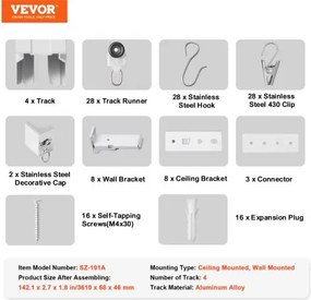 VEVOR Ceiling Curtain Track Set 11.8 FT/3.6 Meter Room Divider with Hooks White