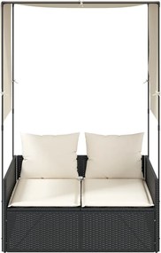 vidaXL Ξαπλώστρα Διπλή Μαύρη από Συνθετικό Ρατάν με Οροφή / Κουρτίνες