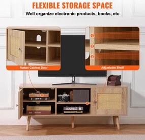VEVOR Rattan TV Stand, Boho TV Cabinet for 55 inch TV, Mid Century Modern TV Stand, Rattan TV Console with Adjustable Shelfs for  Living Room, Media Room, Oak