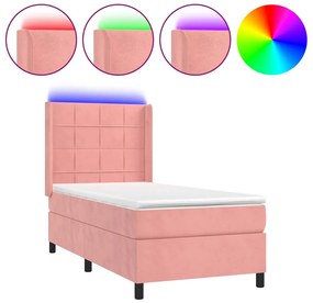 vidaXL Κρεβάτι Boxspring με Στρώμα &amp; LED Ροζ 90x190 εκ. Βελούδινο