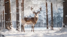 Σετ των 2 Intra Συλλεκτικό Ξύλινο Παζλ Plywood  4mm - Μεγαλοπρεπές ελάφι σε ένα χιονισμένο δάσος Σε Ξύλινο Κουτί - Διαστάσεις: 10x10 cm – 25 κομμάτια