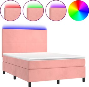vidaXL Κρεβάτι Boxspring με Στρώμα &amp; LED Ροζ 140x190 εκ. Βελούδινο