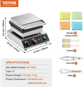 VEVOR 2PCS Commercial Waffle Maker Rectangle Waffle Baker Machine 2000W