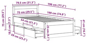 Σκελετός Κρεβατιού Χωρ. Στρώμα +Κεφαλάρι 75x190 εκ Μασίφ Πεύκο - Καφέ