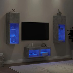 vidaXL Ντουλάπια Τηλεόρασης Τοίχου 4Τεμ. με Φώτα LED Γκρι Σκυροδέματος