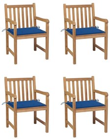 Καρέκλες Κήπου 4 τεμ από Μασίφ Ξύλο Teak με Μπλε Ρουά Μαξιλάρια - Μπλε