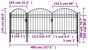 vidaXL Καγκελόπορτα με Αψιδωτή Κορυφή Μαύρη 2,25 x 4 μ. Ατσάλινη