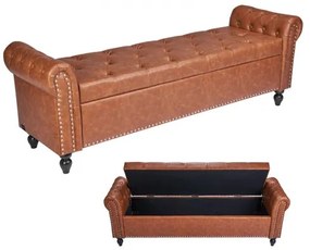 VEVOR Button-Tufted Storage Ottoman Bench Rolled Arm PU Leather Wood Legs Brown