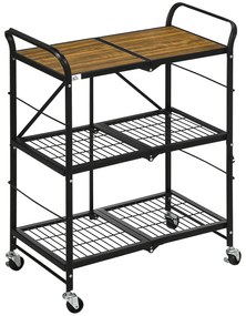 HOMCOM Τρόλεϊ Κουζίνας σε Βιομηχανικό Σχέδιο, με 3 ράφια, Πολυλειτουργικό Τρόλεϊ, Τρόλεϊ Σερβιρίσματος, 4 Ρόδες, Αναδιπλούμενο, Καφέ + Μαύρο