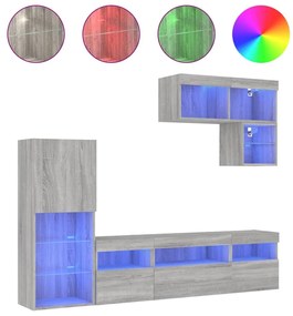 Έπιπλα Τοίχου Τηλεόρασης 6 τεμ. LED Γκρι Sonoma από Επεξ. Ξύλο - Γκρι