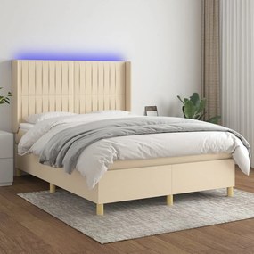 vidaXL Κρεβάτι Boxspring με Στρώμα &amp; LED Κρεμ 140x190 εκ. Υφασμάτινο