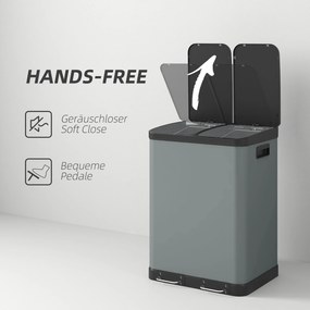 HOMCOM Κάδος απορριμμάτων διπλού διαμερίσματος, 2 x 30L, ανθεκτικός σε δακτυλικά αποτυπώματα, πεντάλ, αφαιρούμενοι εσωτερικοί κάδοι, Γκρι