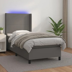 Κρεβάτι Boxspring με Στρώμα &amp; LED Γκρι 100x200 εκ. Συνθ. Δέρμα