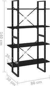 vidaXL Βιβλιοθήκη με 4 Ράφια Μαύρη 80 x 30 x 140 εκ. από Επεξ. Ξύλο