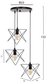 Φωτιστικό Οροφής Κρεμαστό Τρίφωτο Μαύρο Μέταλλο Φ23x122Υεκ.