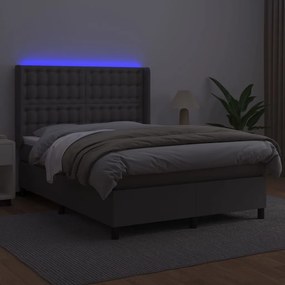 vidaXL Κρεβάτι Boxspring με Στρώμα &amp; LED Γκρι 140x190 εκ. Συνθ. Δέρμα