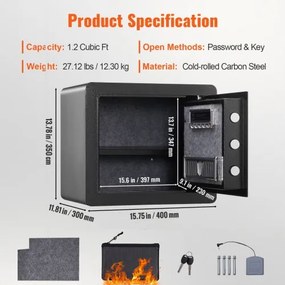 VEVOR Safe, 1.2 Cubic Feet Home Safe, Steel Security Safe with Digital Keypad and 2 Keys, Cabinet Safe with Fire-proof Bag, Protect Cash, Gold, Jewelry, Documents for Home, Hotel, 15.8x11.8x13.8 inche