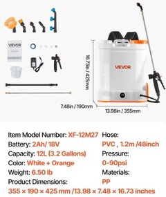 VEVOR 3.2 Gal Battery Powered Backpack Sprayer 0-90 PSI 2H Runtime for Yard Lawn