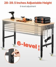 VEVOR 60" Workbench on Wheels Adjustable Height Table with Power Outlet &amp; Pegboard