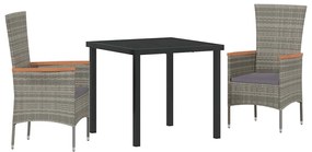 vidaXL Σέτ φαγητού για κήπο με μαξιλάρι 3 pcs Γκρι Πολυ ράταν