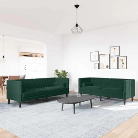 vidaXL Καναπές Chesterfield Σετ 2 Τεμ. με Στηρίγματα Πράσινο Βελούδο