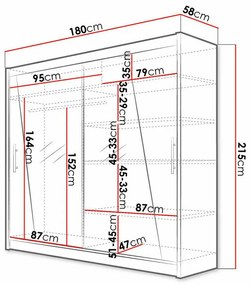 Ντουλάπα Atlanta 144, Sonoma οξιά, 215x180x57cm, 139 kg, Πόρτες ντουλάπας: Ολίσθηση, Αριθμός ραφιών: 5, Αριθμός ραφιών: 5 | Epipla1.gr