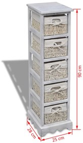 vidaXL Συρταριέρα με 5 Πλεκτά Καλάθια Άσπρη Ξύλινη