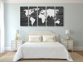 Πέντε μέρη εικόνα χάρτη του κόσμου σε ξύλο σε μαύρο & άσπρο - 100x50
