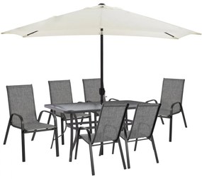 DINING SET 8PCS TABLE WITH GRAY ARMCHAIRS &amp; BEIGE GRAY UMBRELLA