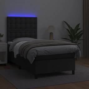 vidaXL Κρεβάτι Boxspring με Στρώμα & LED Μαύρο 90x200 εκ. Συνθ. Δέρμα