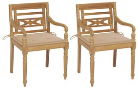 Καρέκλες Batavia 2 τεμ. από Μασίφ Ξύλο Teak με Μπεζ Μαξιλάρια