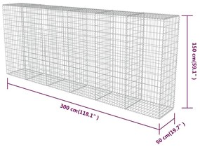 Συρματοκιβώτιο Τοίχος 300x50x150 εκ. Γαλβαν.Χάλυβας + Καλύμματα - Ασήμι